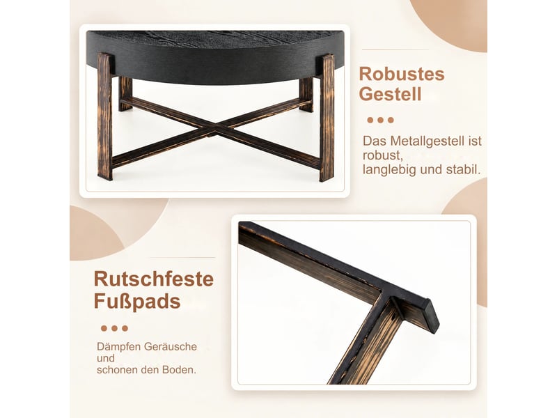  Table basse ronde noire diamètre 68 cm, effet bois vieilli et piètement métal bronze antique  - Conforama W