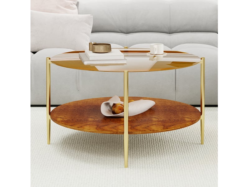  Table basse avec double plateau et rangement ouvert, finition dorée, style moderne, en verre, fer et bois, doré  - Conforama C