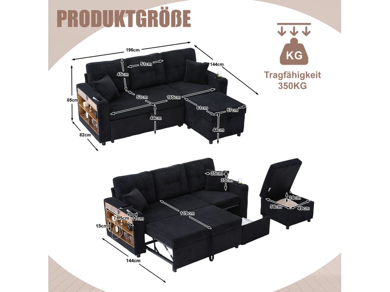 Canapé 3 places rangement 196x82–144x85 cm port usb‑c intégré éclairage à led coussins confortables velours côtelé noir - Conforama C