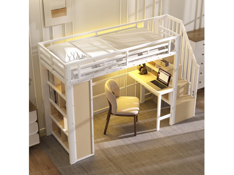  Lit mezzanine 90x200 cm avec bureau, rangements et led blanc  - Conforama D