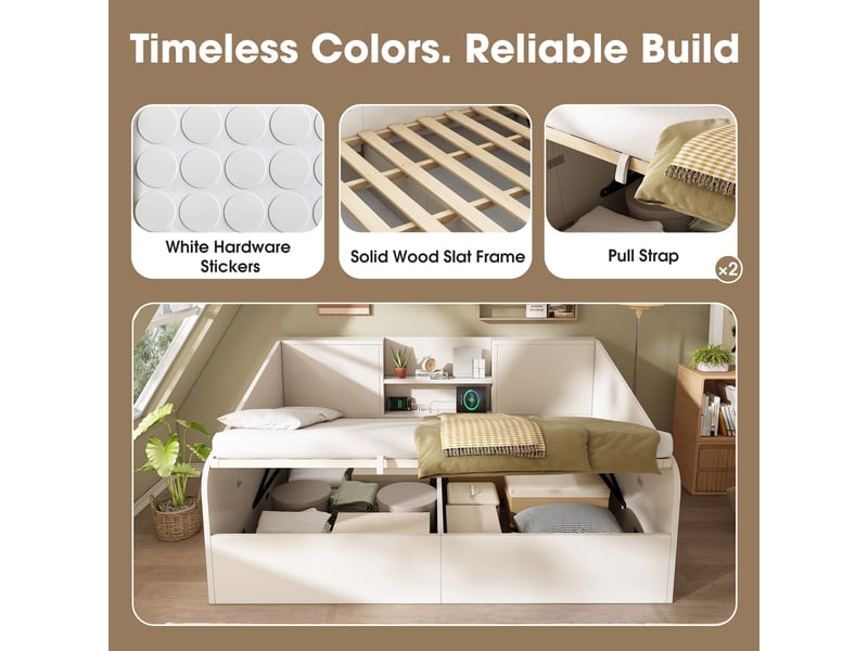 Lit double compact 140x190 cm sans matelas, avec grand coffre hydraulique, 2 tablettes, station usb type-c et sommier, bois, blanc OMNIGLINT TRADING LTD - Conforama E