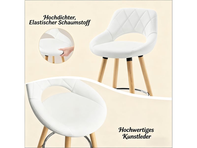  Tabouret de bar avec dossier ergonomique et pieds antidérapants  - simili cuir et bois - blanc  - Conforama E