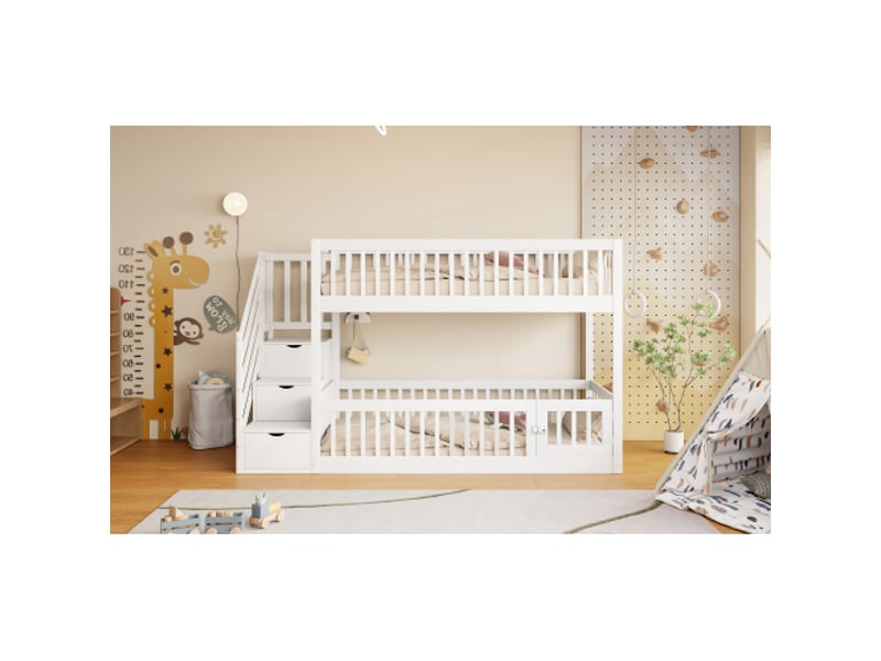Lit superposé 90x200 cm en bois blanc avec escalier sécurisé et tiroirs de rangement pour enfants et adolescents BUBBLY - Conforama E