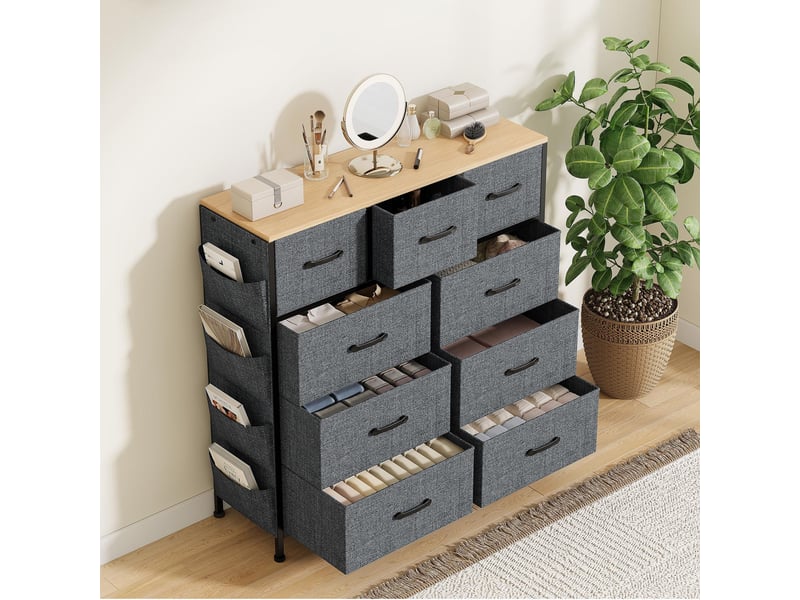  Commode 9 tiroirs - 100x30x100cm - meuble de rangement en tissu avec étagère bois, poches &amp; crochets - gris  - Conforama C
