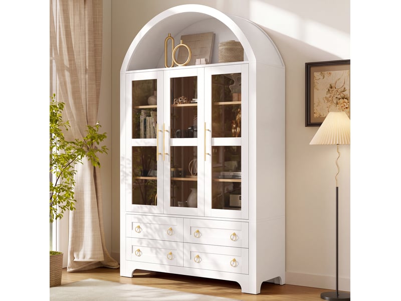  Buffet haut tcqpz 110 x 40 x 185 cm avec 3 portes vitrées, 4 tiroirs et niche ouverte blanc  - Conforama C