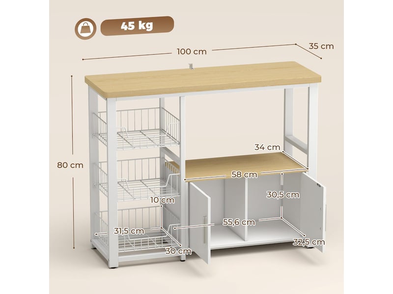  Meuble de rangement cuisine avec 3 paniers et placard blanc 100 x 35 x 80 cm  - Conforama C