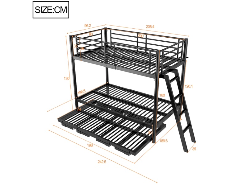 Lit superposé enfant 90x200 cm en métal avec lit gigogne noir, sans matelas - Conforama C