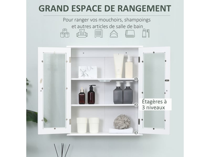  Armoire murale salle de bain blanche, deux portes en verre, étagère réglable, 55 x 20 x 65 cm  - Conforama R