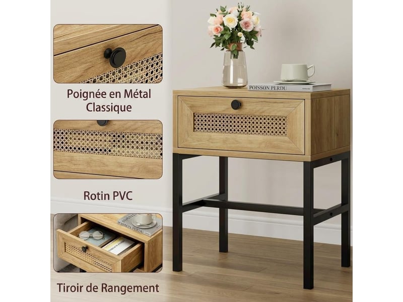  Table basse d'appoint en rotin bohème – tiroir et étagère ouverte – structure métal solide – pour salon, chambre ou dortoir PHO_0Z7F61E1 - Conforama D