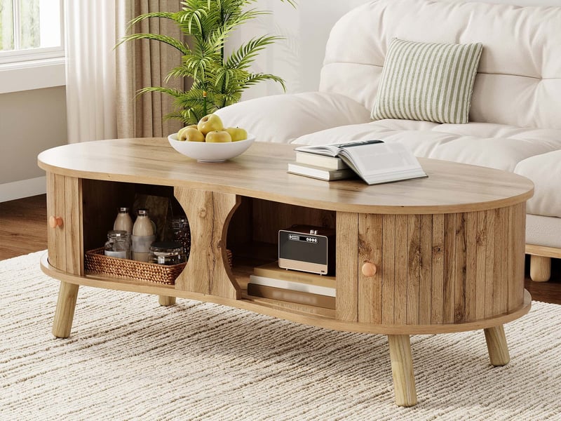Table basse en forme de pois aspect rainuré, 2 portes coulissantes, aspect bois, pieds en bois massif, matériau MDF  - Conforama B