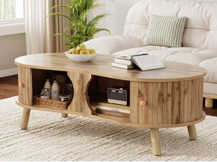 Table basse en forme de pois aspect rainuré, 2 portes coulissantes, aspect bois, pieds en bois massif, matériau MDF