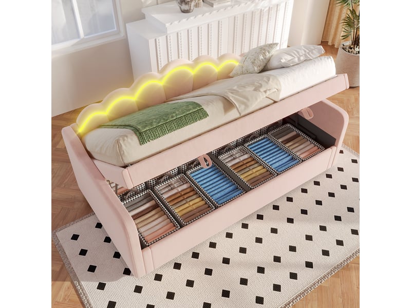 Lit coffre 90x200 cm - lit banquette avec coffre hydraulique et éclairage led - sans matelas - revêtement en velours doux - rose - Conforama B