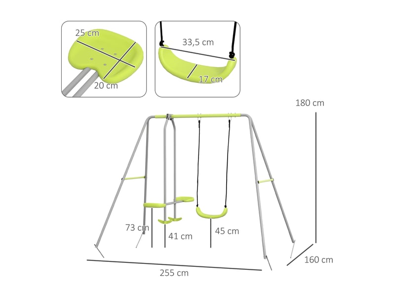  Balançoire 2 agrès portique avec 1 balançoire et face à face 255 x 160 x 180 cm charge max. 135 kg vert gris  - Conforama C