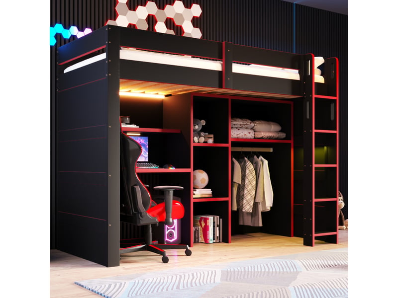  Lit mezzanine 90 × 200 cm 1 place avec bureau, armoire ouverte, led et usb, sans matelas, en mdf, noir et rouge  - Conforama B