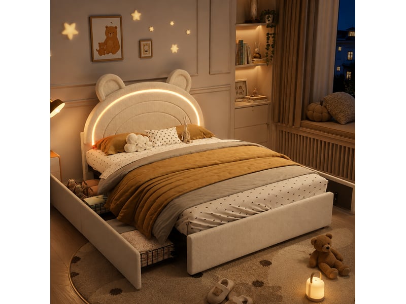  Lit avec rangement enfant 140x200 cm en velours beige avec 4 tiroirs et éclairage led  - Conforama D