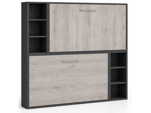 Lit escamotable superposé avec niches de rangement briano-2 matelas-90x190-cadre anthracite-façade chêne gris