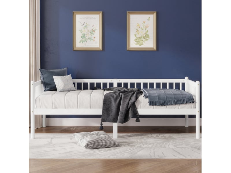  Lit chambre couchage rangement 90x200 bois pin blanc avec barrieres trois cotes homvra  - Conforama C