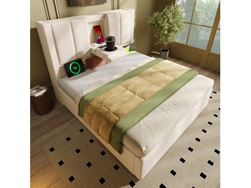  Lit coffre 1 place 90 x 200 cm beige avec matelas, sommier à lattes et station de charge  - Conforama C