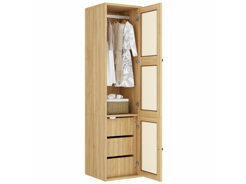  Armoire une porte 45x47x200 cm, penderie dressing étroit pour chambre et entrée, mdf style bohème rotin, avec tringle et 3 tiroirs, naturel  - Conforama D