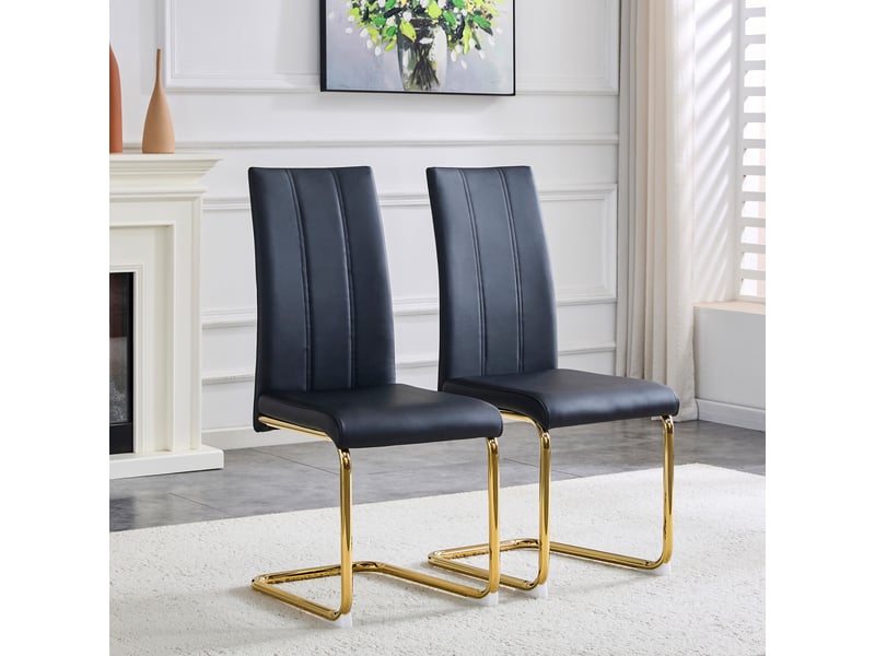 Lot de 4 chaises de salle à manger 41.5x42.5x99cm – chaises cantilever modernes à dossier haut avec métal doré chromé – simili cuir - noir - Conforama B