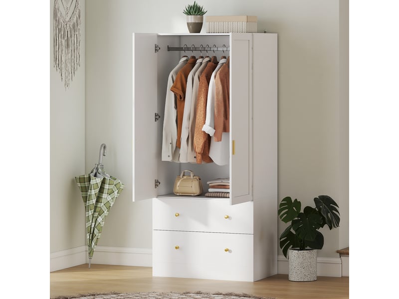  Armoire avec miroir, 2 portes, 2 tiroirs et tringle, 80 x 50 x 180 cm, blanche  - Conforama D