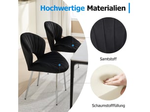 Chaise de salle à manger en velours noir sans accoudoirs avec dossier incurvé et pieds métalliques argentés, lot de 2