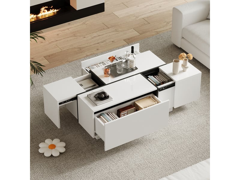  Table basse carrée avec 4 tiroirs et plateau coulissant, finition brillante, pour salon, 100 × 60 × 40 cm, blanc  - Conforama D