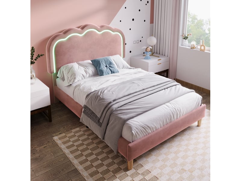  Modenvie lit simple capitonné 90x200 cm - tête de lit led réglable, sans matelas - rose  - Conforama E