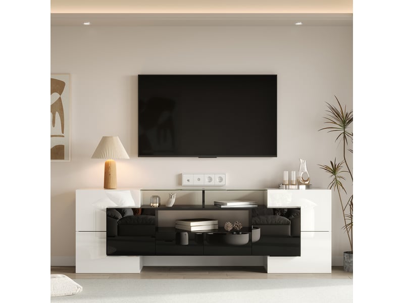  Meuble tv bas modenvie 200 x 35 x 60 cm avec led multicolore, 6 portes et 2 tiroirs, blanc et noir brillant  - Conforama B