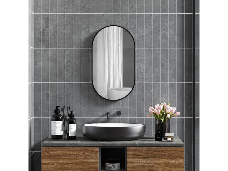  Miroir de salle de bain ovale mural avec cadre en aluminium, vertical ou horizontal, 40 x 70 cm, noir  - Conforama C