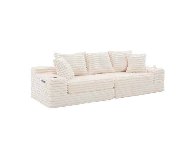 Canapé convertible 4 places en velours côtelé beige, 273 x 98 x 87 cm, porte-gobelets, poches latérales, livré compressé, agencement modulable CARDUME ESTIVAL - Conforama A