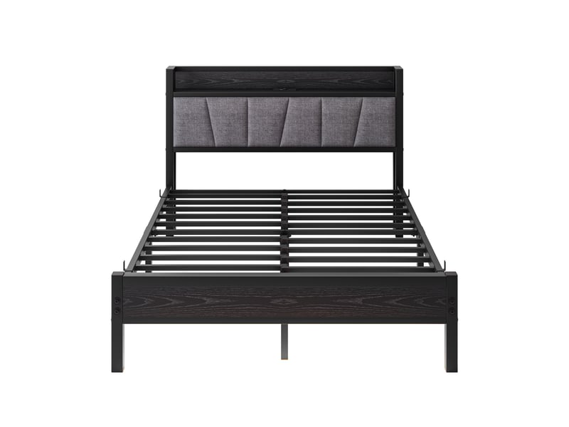  Lit double 140×190 cm avec rangement en tête de lit, éclairage led, prise et usb - okmyhome- noir, sans matelas  - Conforama A