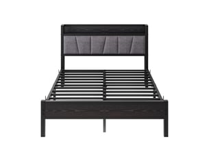 Lit double 140×190 cm avec rangement en tête de lit, éclairage led, prise et usb - okmyhome- noir, sans matelas