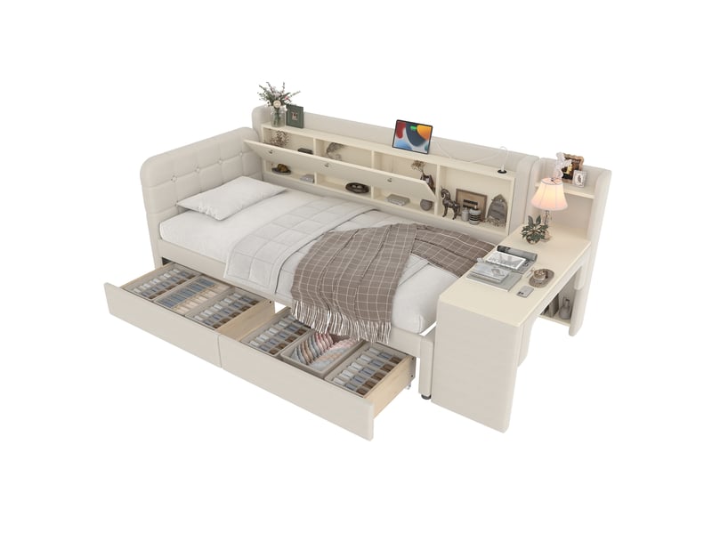  Lit de jour 90x200 canapé lit avec tiroirs et bureau intégré - lin beige, ports usbtype-c  - Conforama A