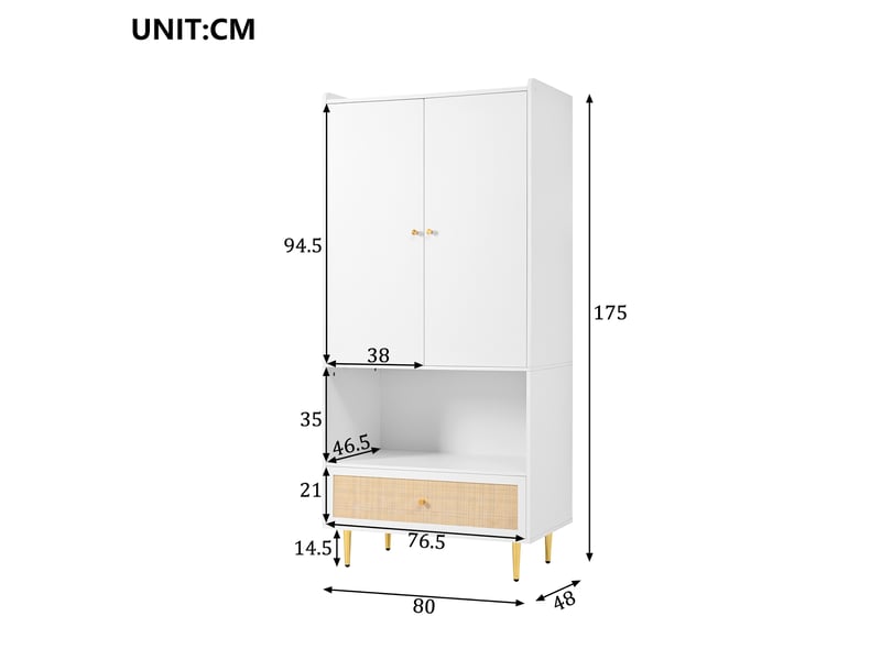  Armoire penderie - 80x48x175cm - 2 portes，1 tiroir en rotin pe tressé, niche &amp; pieds métal doré - blanc  - Conforama E
