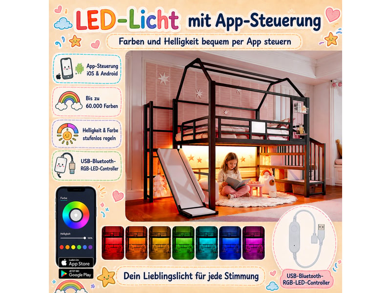  Lit mezzanine enfant 2 places 140x200 cm lit cabane lit double en métal avec toboggan escalier de rangement éclairage led, noir  - Conforama R