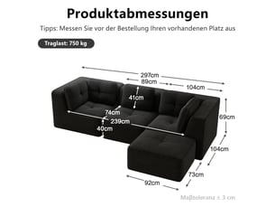 Canapé d’angle modulaire 3 places en velours côtelé noir avec méridienne, assise profonde de 74 cm pour salon