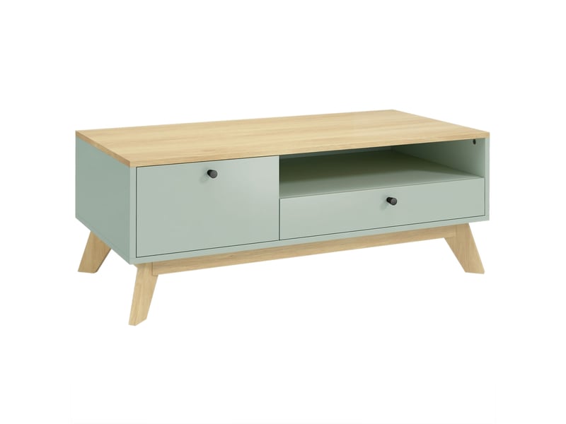  Table basse de salon, table d'appoint rectangulaire avec tiroir, vert clair et chêne, porte et compartiment ouvert  - Conforama B
