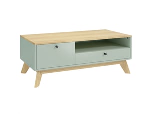 Table basse de salon, table d'appoint rectangulaire avec tiroir, vert clair et chêne, porte et compartiment ouvert