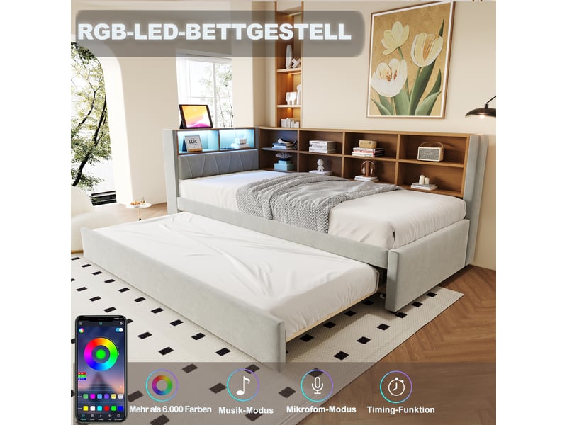  Canapé-lit 90*200 cm avec lit gigogne 90*190 cm, led, usb, rangements, gris clair et cadre stable multifonctionnel  - Conforama C