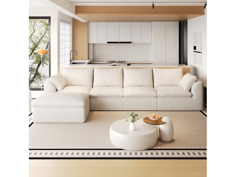  Canapé d’angle 5 places en tissu lin blanc beige, 310x155x83 cm  - Conforama B