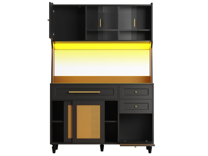  Buffet salle à manger noir rotin – 3 tiroirs, étagères réglables et led, finition chic  - Conforama A