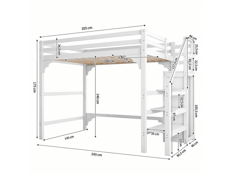 Lit mezzanine avec armoire et escalier, structure en pin et mdf blanc, couchage 140 x 200 cm - Conforama C