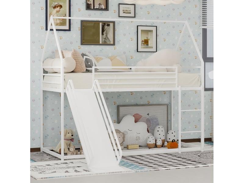  Lit superposé 90x190cm maison avec toboggan, garde-corps hauts, structure en fer stable, 1 sommier, blanc, sans matelas  - Conforama W