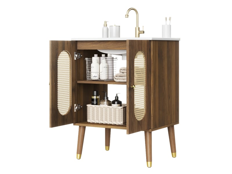  Meuble sous vasque avec 2 portes en rotin, 2 étagères fixes et vasque en céramique pour salle de bain, 61×47×89 cm  - Conforama A
