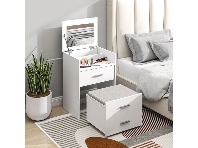  Coiffeuse avec miroir relevable et tabouret à roulettes, table de maquillage avec 2 tiroirs, coussin amovible, blanc  - Conforama C