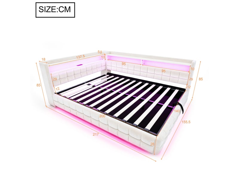  Lit banquette 140 × 200 cm 2 places avec coffre hydraulique, étagères, led, usb et type-c, sans matelas, beige  - Conforama D