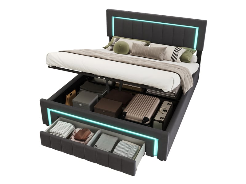 Lit coffre 140x200 cm avec led et tiroirs de rangement - boxspring, revêtement en velours gris foncé, structure métal et bois  - Conforama A