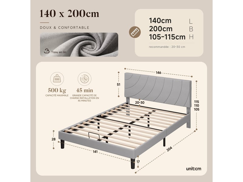  Cadre de lit 140x200 cm rembourré avec sommier à lattes, lit double, pieds antidérapants, tête de lit réglable, gris  - Conforama E