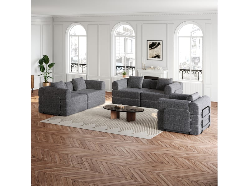  Canapé convertible 6 places en chenille gris avec rangement dans l'accoudoir, 274 x 183,8 x 69,8 cm  - Conforama B